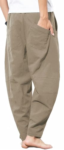 Men's Casual Cotton Linen Pants Elastic Waist Drawstring Beach Summer Lightweight Trousers - color: Army Green, size: 30