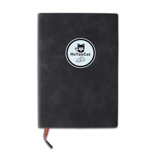 HeTaoCat Lined Journal Notebook, 200 Numbered Pages, A5 Medium Size (5.7'' x 8.3''), for Men & Women, Journaling, Writing, Work & Office, Soft-sided Leather Hardcover, 100 GSM Thick Paper (Black) - color: Black