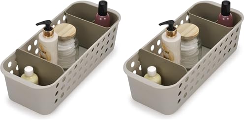 Joseph Joseph EasyStore - Slimline Bathroom essentials Storage Basket Organiser with moveable pot and divider, Ecru (Pack of 2) - size: Slimline (Pack of 2)