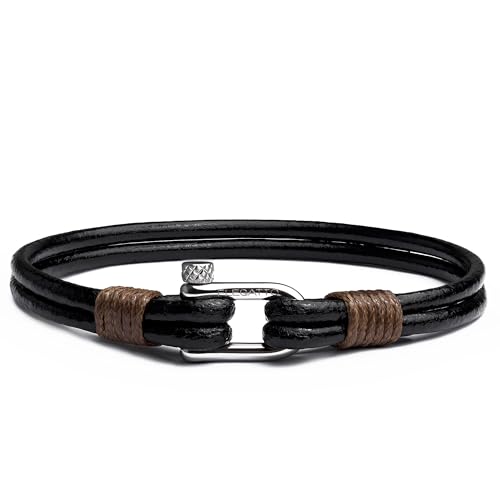 Elegatto Helix Premium Vintage Leather Bracelet for Men | Double Black Leather Strands with Sterling Silver Polished Mini Shackle Closure | Men’s Designer Jewelry