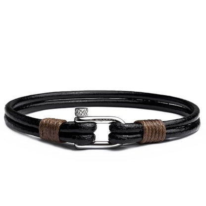 Elegatto Helix Premium Vintage Leather Bracelet for Men | Double Black Leather Strands with Sterling Silver Polished Mini Shackle Closure | Men’s Designer Jewelry