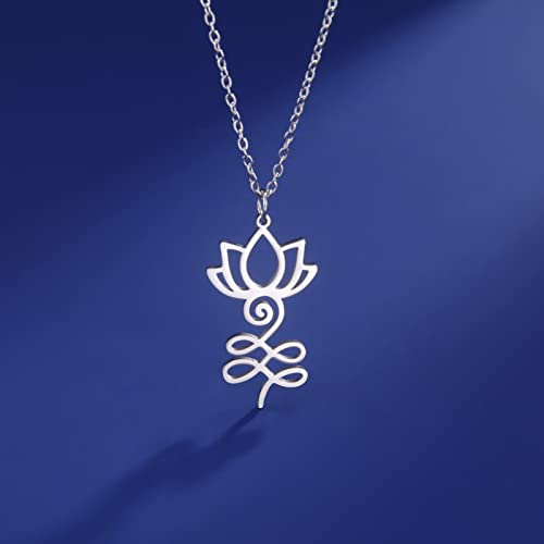 VASSAGO Buddha Lotus Necklace for Women Yoga Healing Pendant Stainless Steel Flower Necklace Buddhist Necklace Unalome Symbol Amulet Religious Jewelry - color: silver 1