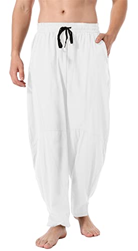 perdontoo Men's Linen Cotton Loose Fit Casual Lightweight Elastic Waist Summer Beach Pants