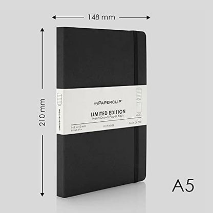 myPAPERCLIP Limited Edition A5 Ruled Notebook | 192 Pages, 100 GSM, Soft Cover, A5 (5.83 × 8.27 in) | Flat Lay | Bookmark & Elastic Closure | Black - color: Black, style: Ruled