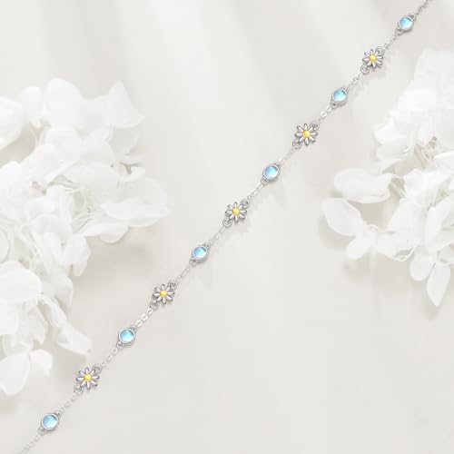CRMAD 925 Sterling Silver Daisy/Sunflower Moonstone Anklet Daisy Flower Ankle Bracelet for Women Beach Dainty Jewelry - size: 7+2 inch, style: daisy