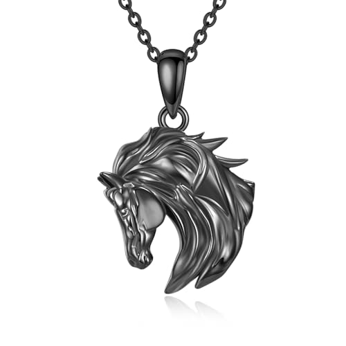 Sterling Silver Cute Animal Pendant Necklace Fox/Snake/Unicorn/Owl on Moon/Rabbit/Horse Necklace Jewelry for Women Mom Sister - style: Black Horse