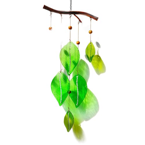 Glass Wind Chimes for Outside,Unique Handmade Windchimes Outdoors with Stained Glass Leaves for Home Window Garden Yard Patio Decor Ornament for Christmas Tree,Green 20"