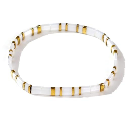 Tila Flat Beaded Stretch Bracelet for Women,Bohemian Friendship Bead Bracelets Handmade Stack Boho Jewelry Accessory for Everyday Wear, Vacation and Friend Gifts - color: white