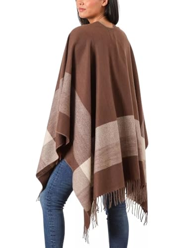 Women's Elegant Shawl Wraps, Soft Open Front Poncho Cape, Reversible Casual Cardigan Shawls for Gift Travel - color: Brown-white