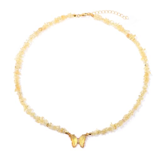 Bohemian Crystal Butterfly Necklaces Stress Relief Anxiety Yoga Pendant,Healing Natural Stone Mantra Choker for Women Teen Girls Friendship Birthday Mothers Day Gift Summer Beach Jewelry - color: Citrine