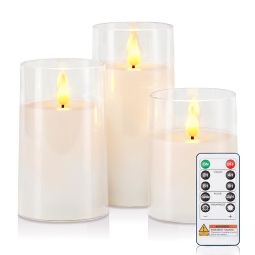 Raycare Flameless Candles Battery Operated with Remote Timer, Acrylic Flickering LED Pillar Candle for Christmas, Wedding, Home Decor, Gift for Family and Friend, White, Set of3 - color: White-3pcs