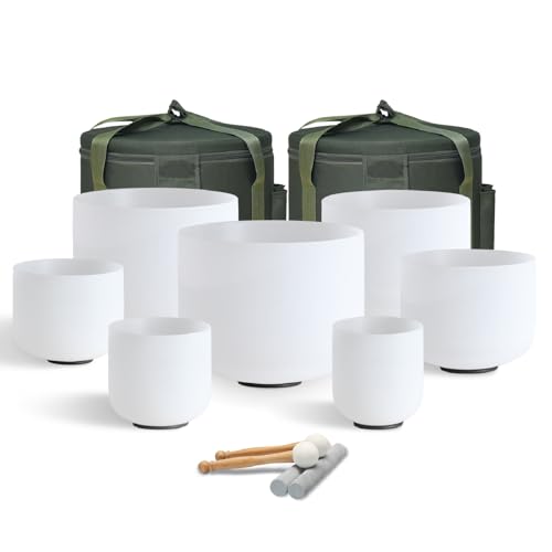 432HZ 6-12 Inch Crystal Singing Bowl Set of 7 with 2 Pcs Green Heavy Carrying Case bag, Frosted Quartz Crystal Sound Healing bowls for Chakra, Meditation, Sound Therapy