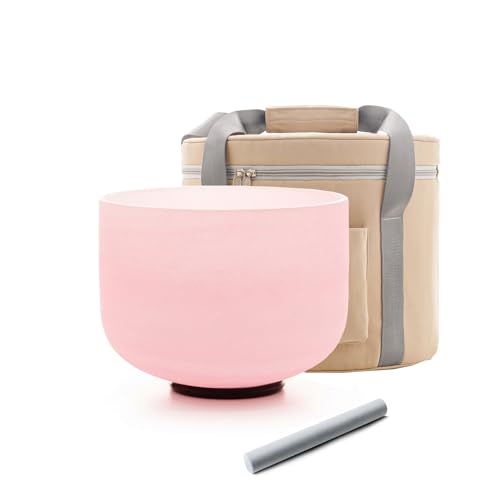 Hye-eun Pink Crystal Singing Bowls Set, 432hz 8"G 10"F 12"C 3pcs Frosted Quartz Chakra Sound Bowl with Beige Carrying Case for Sound Healing Yoga Meditation - color: 432hz 8"G 10"F 12"C Pink 3pcs