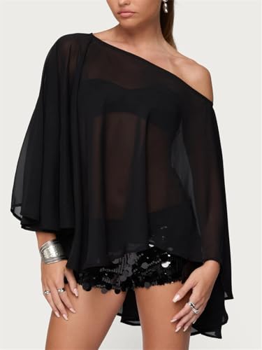 Women Chiffon Cape Shawls and Warps for Evening Dress Wedding Sheer Mesh Flowy Capelets Top - color: A-black, size: Small