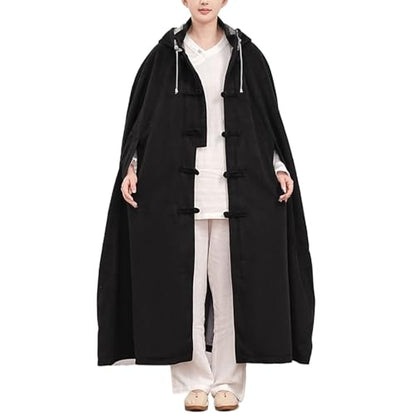 Meditation Hooded Cloak Coat, Winter Double-Layer Plush Prayer Robe Buckle Cape Oversize Poncho Unisex Outfit - color: Black, size: Medium