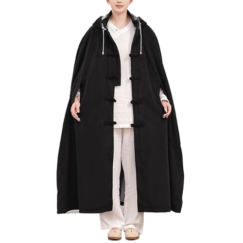Meditation Hooded Cloak Coat, Winter Double-Layer Plush Prayer Robe Buckle Cape Oversize Poncho Unisex Outfit - color: Black, size: Medium