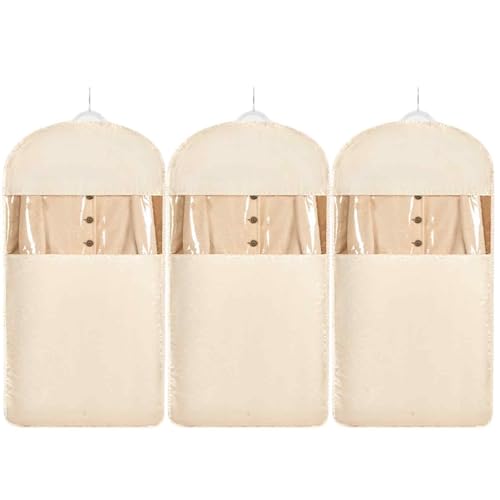 Space Saving Hanging Garment Bag with Self Compression Zipper，Dust Cover Clothes Bags for Down Coat,Dress,Suit，Closet Storage Organizer for Home Travel Use (Beige, L) - color: Beige, size: 3pcsL