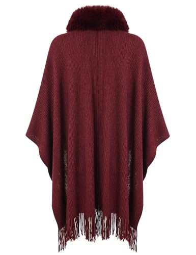 Ferand Shawl Wraps for Women, Cozy Lightweight Poncho Cape with Pockets, Warm for Fall Winter Travel - color: Dark Red With Faux Fur Collar