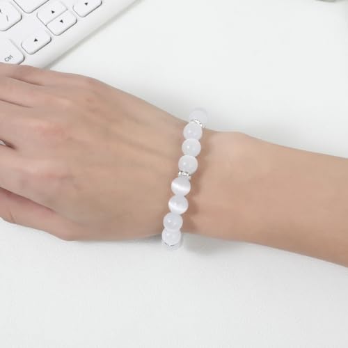 Healing Bracelet For Women Anxiety Crystal Bracelet Chakra Beaded Bracelets Rose Quartz Crystals And Healing Stones Yoga Bead Bracelet Calming Stretch Bracelet Stress Relief Gifts For Women - color: White-Cat Eye