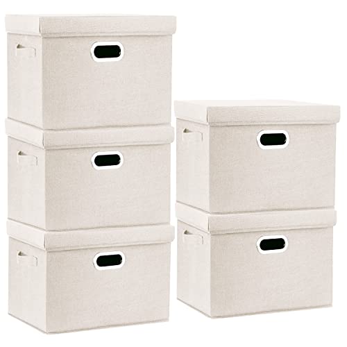 Large Storage Bins with Lids, Collapsible, Washable, Fabric Storage Boxes for Organizing, 17.3x11.8x11.4 inches, 5 Pack, Beige - color: Beige, size: 5-Pack Large