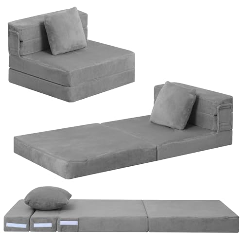 MeMoreCool Foldable Futon Chair Bed for Kids, Grey Tri-fold Convertible Toddler Sofa Mattress, Foam Floor Couch for Sitting - color: Grey