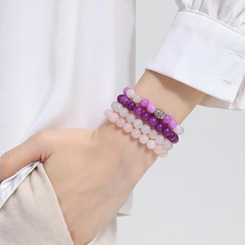 Fengling 4 PCS Beaded Crystal Bracelet for Women 8mm Natural Gemstones Handmade Bracelet for Girls Healing Stretch Bracelets Crystal Jewelry for Women Gifts - color: Lilac Jade &Natural Pink Crystal&Amethyst