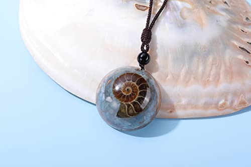 Jovivi 7 Chakra Gemstone Reki Healing Crystal Necklace Round Circle Shape Ammonite Fossil Resin Chip Stones Pendant Necklace for Women Men Life Tree Jewelry Christmas Gifts - color: Ammonite Fossil - Aquamarine