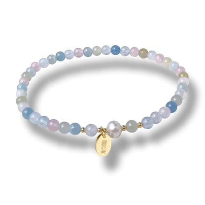 4mm Natural Gemstone Beads Stretch Bracelet for Women, With Freshwater Pearls, Energy Gem Birthday Gift for Her 7.2” - color: Morganite