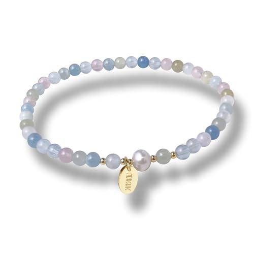 4mm Natural Gemstone Beads Stretch Bracelet for Women, With Freshwater Pearls, Energy Gem Birthday Gift for Her 7.2” - color: Morganite