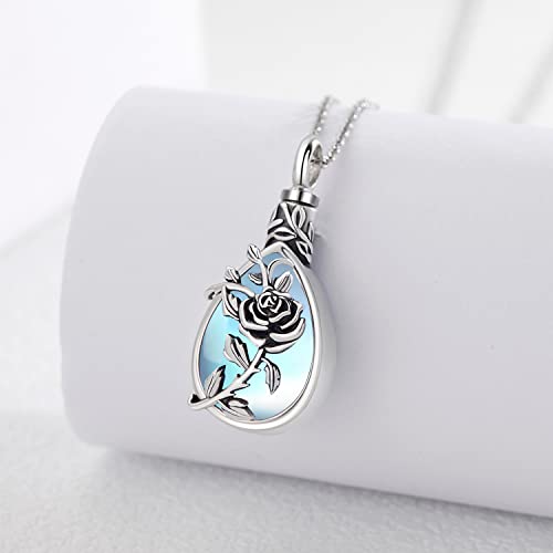JUSTKIDSTOY Moonstone Urn Necklace for Ashes Sterling Silver Daisy/Rose/Tree Teardrop Pendant Necklace Cremation Jewelry Keepsake Memorial Gifts for Mother Grandma w/Funnel Filler - style: Rose