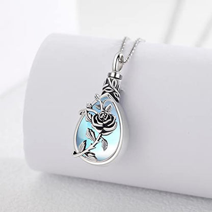 JUSTKIDSTOY Moonstone Urn Necklace for Ashes Sterling Silver Daisy/Rose/Tree Teardrop Pendant Necklace Cremation Jewelry Keepsake Memorial Gifts for Mother Grandma w/Funnel Filler - style: Rose
