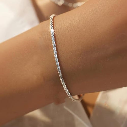 QLKILYR Silver Link Bracelet for Women, 14K White Gold Plated Hypoallergenic Lightweight Cute Sparkle Chain Bracelet, Small Adjustable Shiny Simple Bracelet