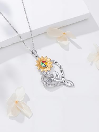 Autism Awareness Necklace for Women 925 Sterling Silver Autism Puzzle Piece Pendant Necklace Inspirational Christmas Gift for Autistic - color: B+Autism