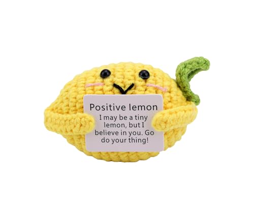 Positive Energy Crochet Lemon Gift with Inspiring Affirmation Card, Handmade Emotional Support Lemon, Thoughtful Stress Relief Present for Women and Men, Cute Birthday and Office Desk Décor - color: Lemon