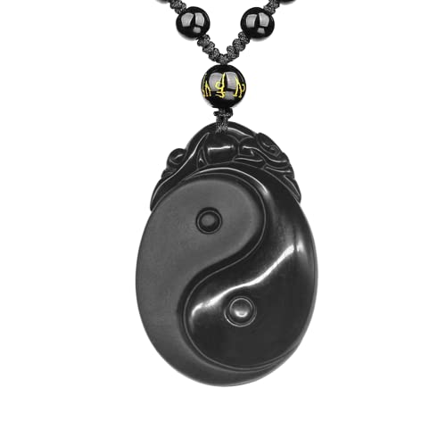 Black Obsidian Necklace Protection Pendant with Extended Bead Chain Healing Crystal Stone Amulet Necklace for Men Women - color: Tai Chi Yin Yang