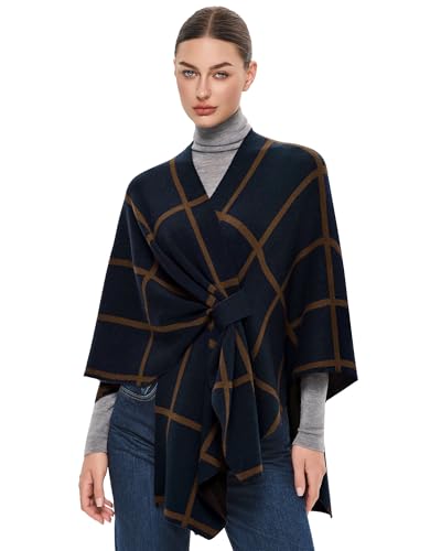 PULI Women's Elegant Shawl Wraps Soft Open Front Poncho Sweater for Spring Fall Winter - color: Classic Check-dark Slate Blue and Caramel