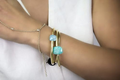 Aqua Quartz Gold Tube Bracelet - Square Aqua Quartz Gemstone Center Bead - Shiny Gold Filled Slip On Bracelet for Women - Minimal Stackable Tube Gold Jewelry