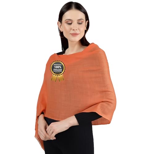 100% Himalayan Cashmere Wrap | Lightweight Cashmere Scarf | Ultra Thin Kashmiri Pashmina Shawl | Ideal For Travel - color: Tangerine