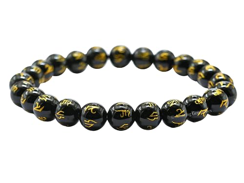 Amazing Gemstone Crystal Bracelet for Women Men's Gifts - Protection Healing Crystal Bracelet - 8mm Gemstone Beaded Stretchable Bracelet Pulseras Para Hombres Mujer Stocking Stuffers Mothers Day Gift (Black Agate (Om Mani Padme Hum)) - color: Black Agate