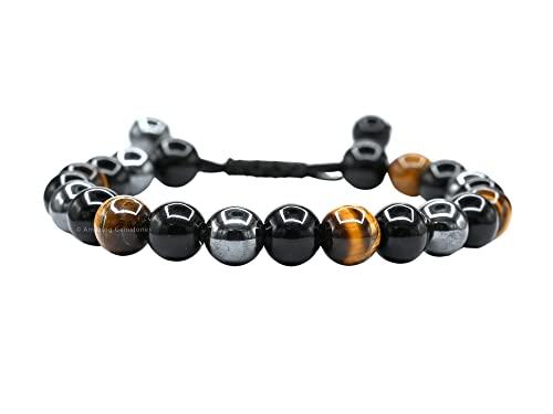 Amazing Gemstone Triple Protection Bracelet - Hematite Black Obsidian Tiger Eye Bracelet Set for Men Women Healing Calming Anxiety Stress Relief Gifts (Adjustable) - color: Triple Protection