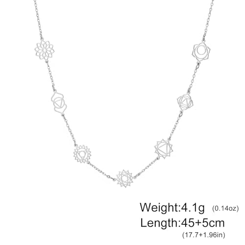 TEAMER 7 Chakras Yoga Charm Necklace Stainless Steel Adjustable Rhinestone Necklace Spiritual Meditation Inspirational Jewelry For Women
