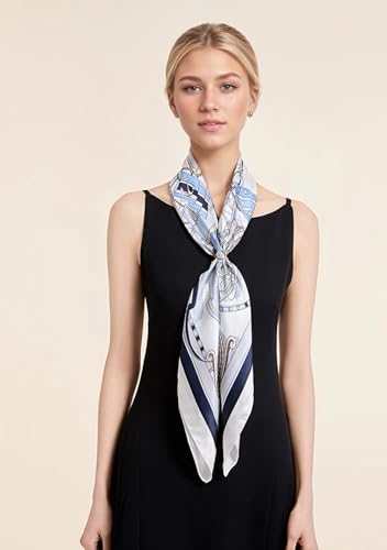 ANDANTINO 100% Pure Mulberry Silk Scarf 35" Large Square Lightweight Headscarf –Women’s Hair Wraps-With Gift Packed - color: Navy Blue&white