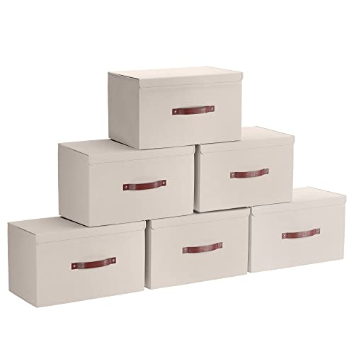 Ornavo Home 6 Pack Collapsible Storage Bins with Lid, Foldable Linen Fabric Shelf Storage Basket Closet Organizer and Large Storage Box for Clothes with Leather Handles, 16.5 x 11.8 x 7.5, Beige - color: Beige, size: XLarge - 6 Pack