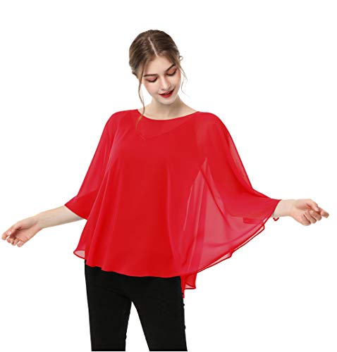 Capes for Womens Casual chiffon shawl Casual Chiffon Cape Sheer shawls and wraps Poncho Capelets Cover Up - color: Red