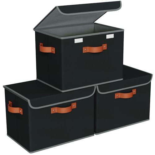 Univivi Heavy Duty Fabric Storage Bins with Lid, Large 17" 10 Gallon Stackable Storage Cube with Leather Handles, Decorative Storage Boxes with Lids for Bedroom, Closet, Nursery, Office, 3-Pack(Black) - color: Black