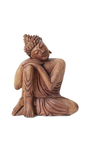 Serene Spaces Living Wooden Buddha Statue, Beautifully Carved from Teak Wood, Ideal for Meditation, Outdoor Zen Decor, Serenity at Home, Measures 10.5" Tall, 8.5" Long & 3" Wide