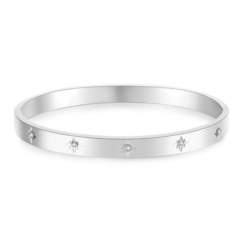 Gold Bangle for Women - 18K Gold Plated Stainless Steel Love Friendship Crystal Bracelets with Cubic Zirconia - color: Snowflake Bangle - SILVER