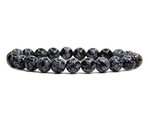 Angelstones Handmade Natural Healing Gemstone 8mm Round Beads Stretch Crystal Bracelet 7 Inch Unisex - color: Snowflake Obsidian