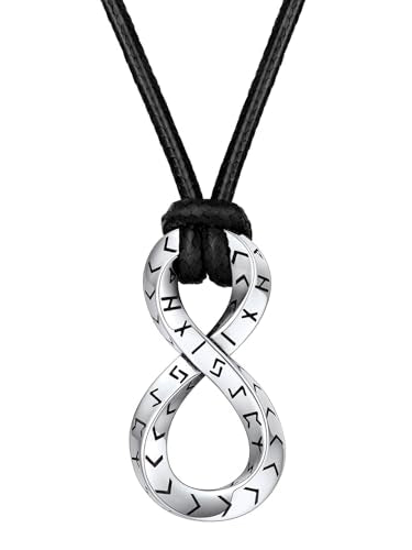 FaithHeart Norse Viking Rune Necklace with Adjustable Braided Leather/Stainless Steel Rope Chains for Men Women, Vintage Amulet Jewelry Gift with Delicate Box - color: 02. Mobius Infinity-Silver