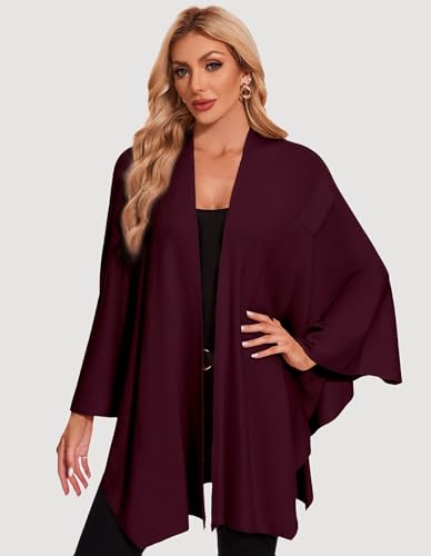 PULI Womens Elegant Cross Front Shawl Wraps Knitted Ponchos Cape Light Weight Poncho Sweater Soft Warm Travel Wraps - color: Burgundy